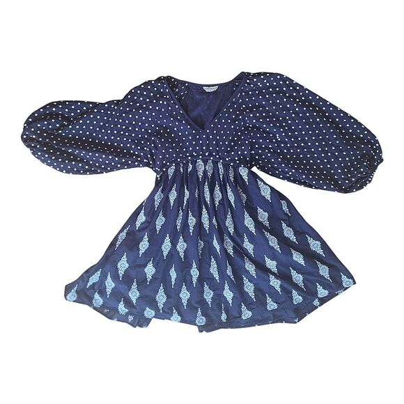 TALISMAN Gaia Dress Navy Blue 100% Cotton Lined Pockets Tie Back Embroidery  L - Picture 16 of 16